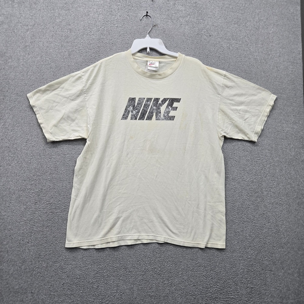 VINTAGE Nike Men Shirt L Off-White Graphic Grunge Short Sleeve